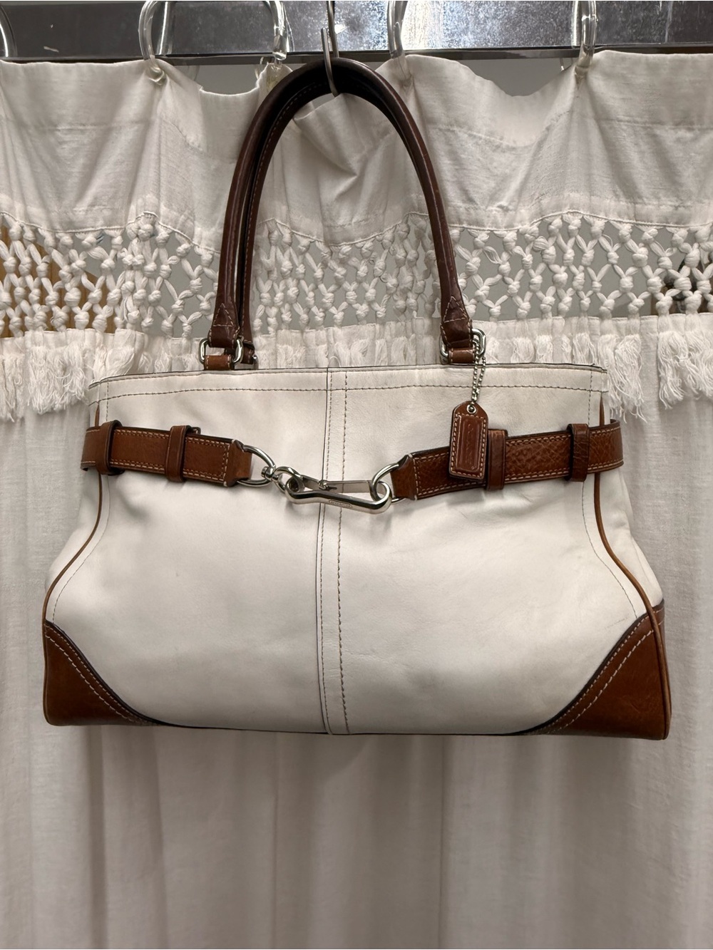 Coach Vintage Hamptons White Brown Leather Belted Carryall Satchel Bag 11200